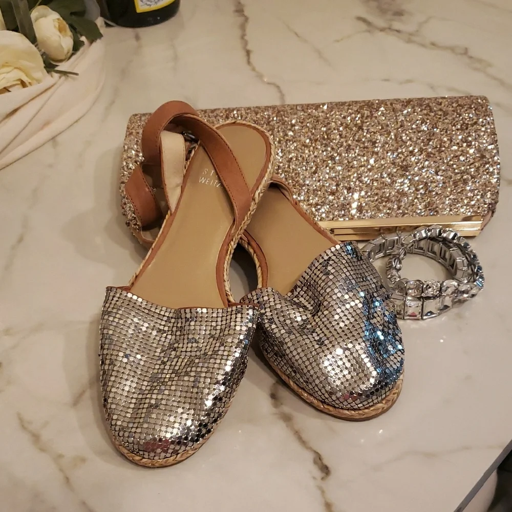Stuart Weitzman Silver and Tan Espadrilles Size 5